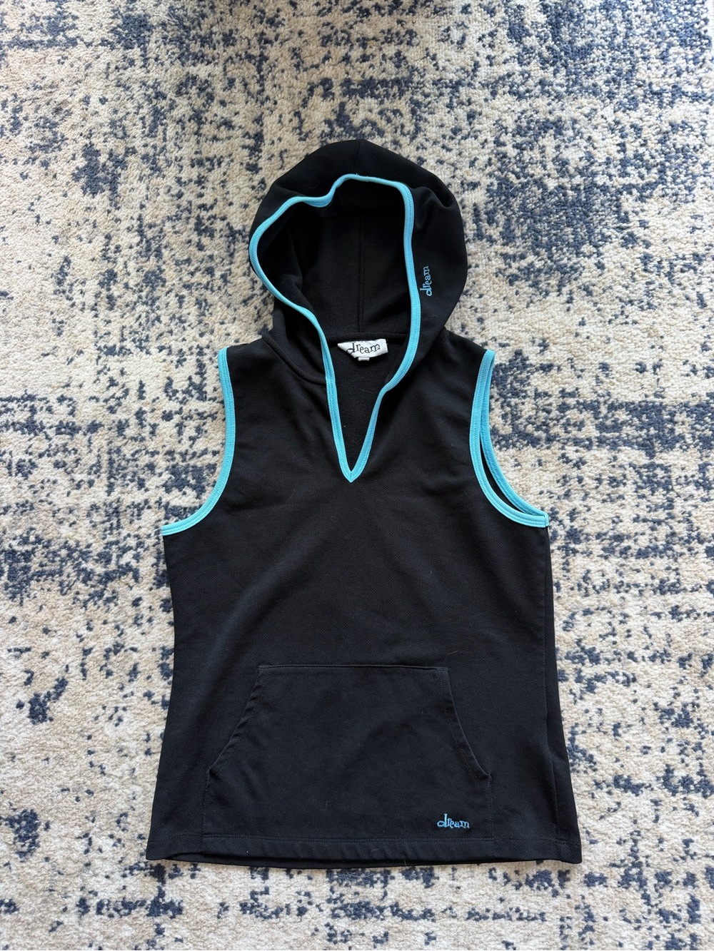 Black Sleeveless Hooded Y2K Vest with Aqua Trim